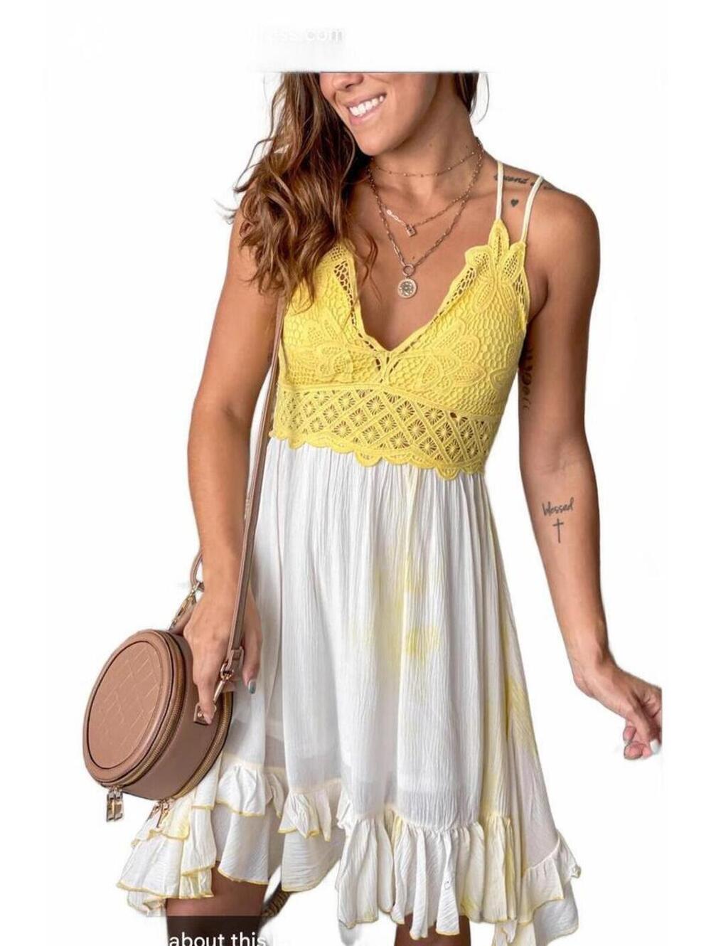 Yellow Tie Dye Crochet Lace Ruffle Babydoll Slip Mini Dress La Miel Size Medium